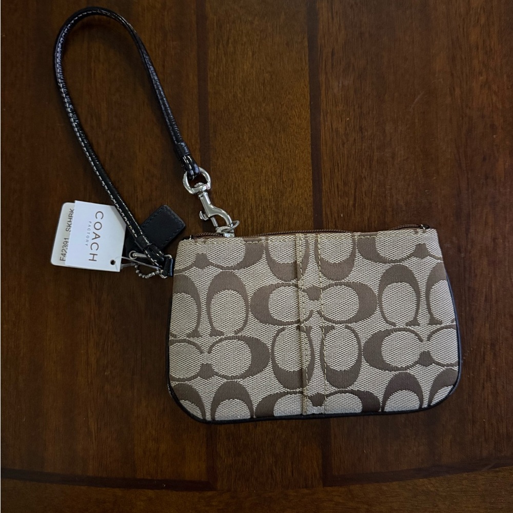 Coach Signature Beige and Brown Wristlet